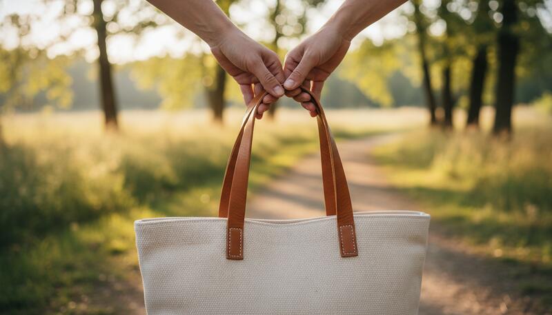 Sac à corps en tissu cream avec anses en cuir tan tenu à deux mains