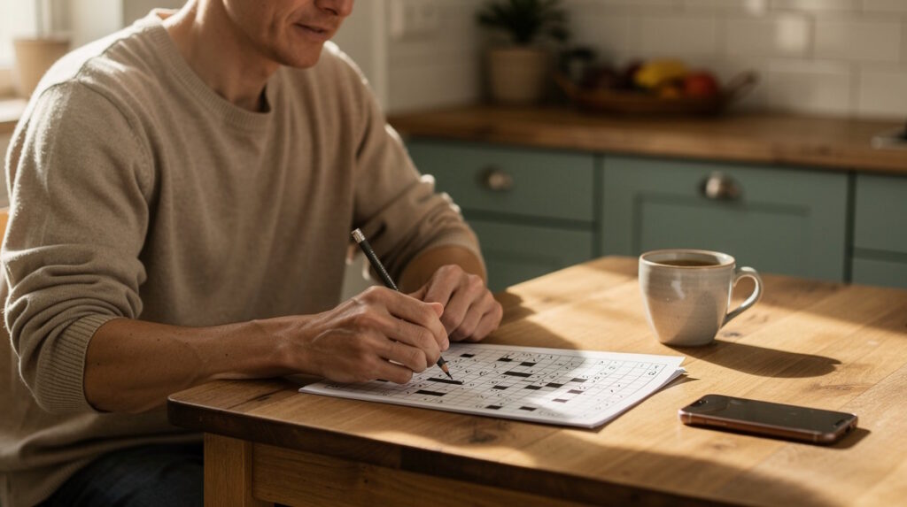 Homme faisant des mots croisés